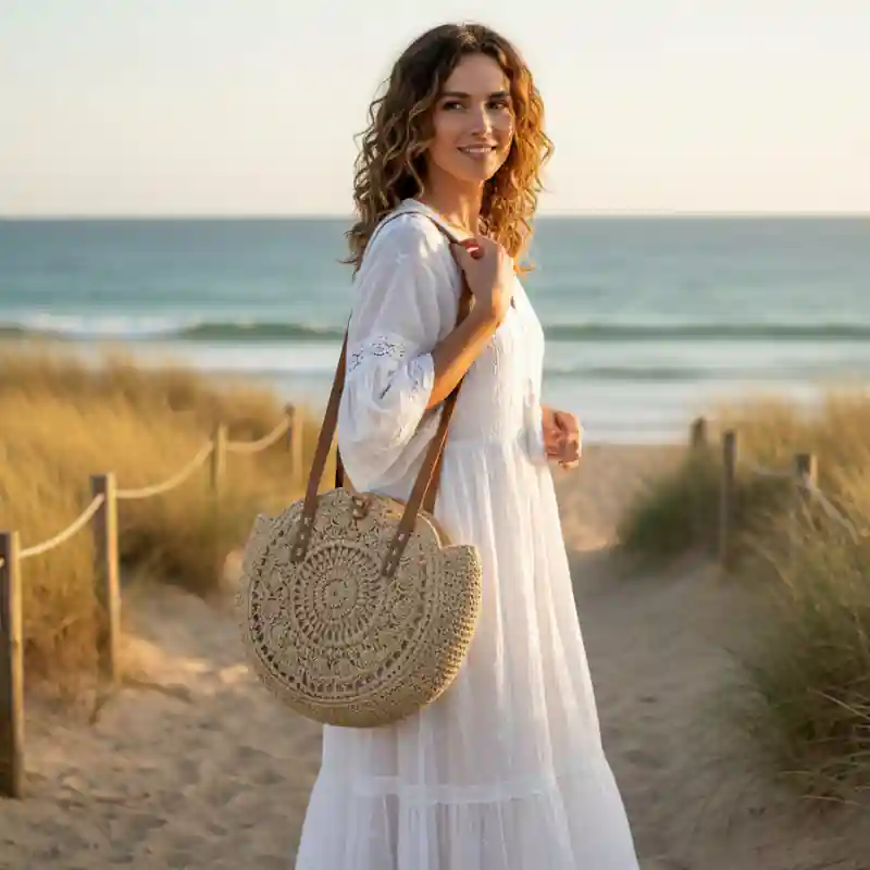 Beige Boho Straw Tote Bag - Image 3