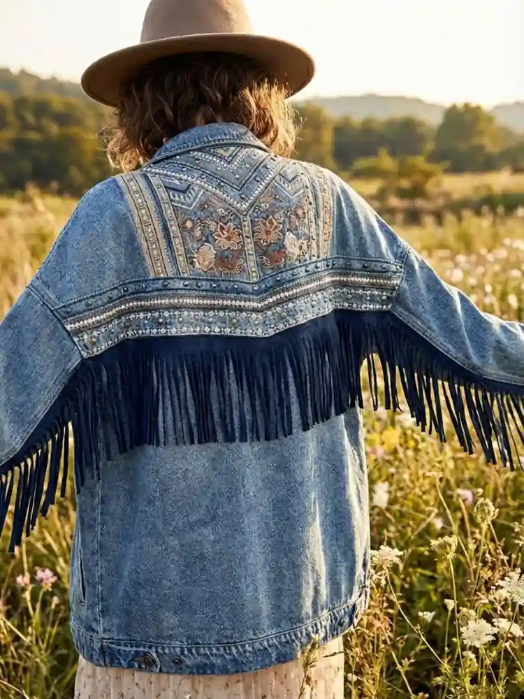 Boho Denim Fringed Jacket - Image 3