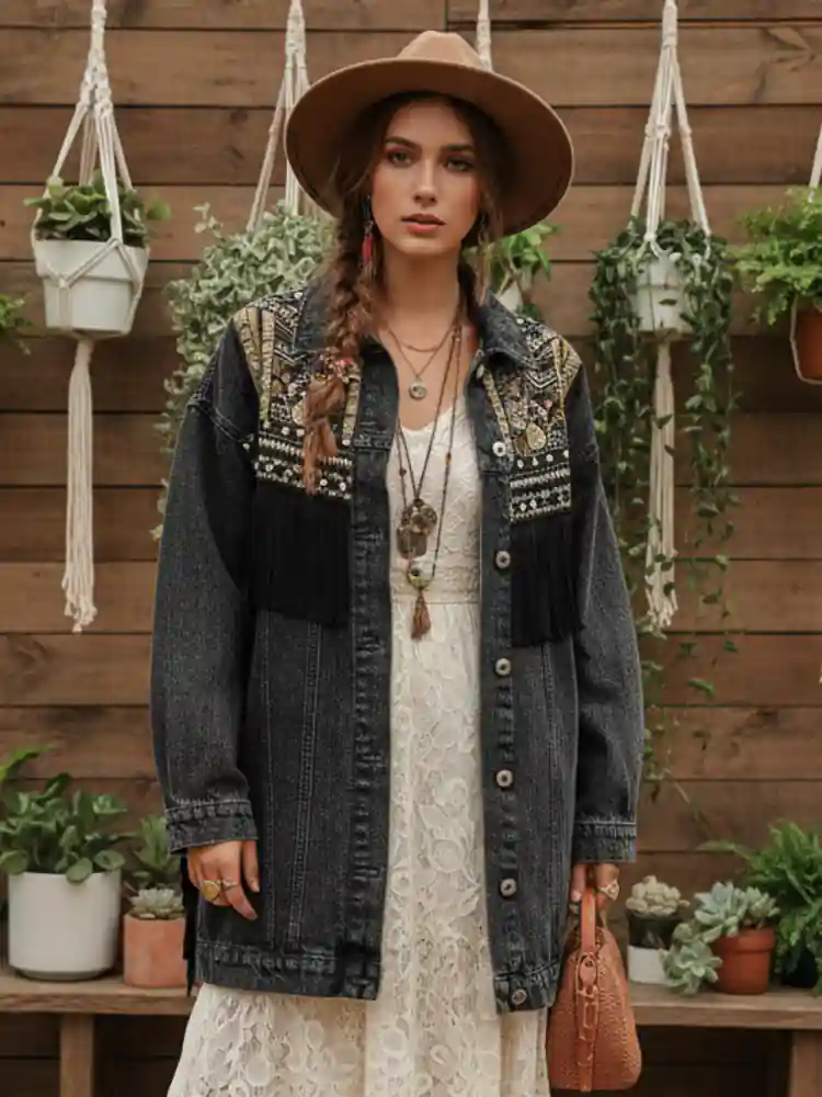 Boho Denim Jacket with Fringes - Image 3