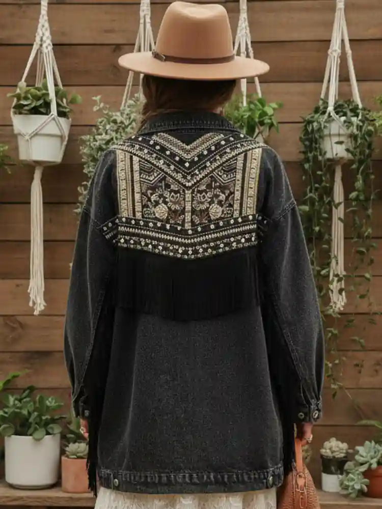 Boho Denim Jacket with Fringes - Image 4