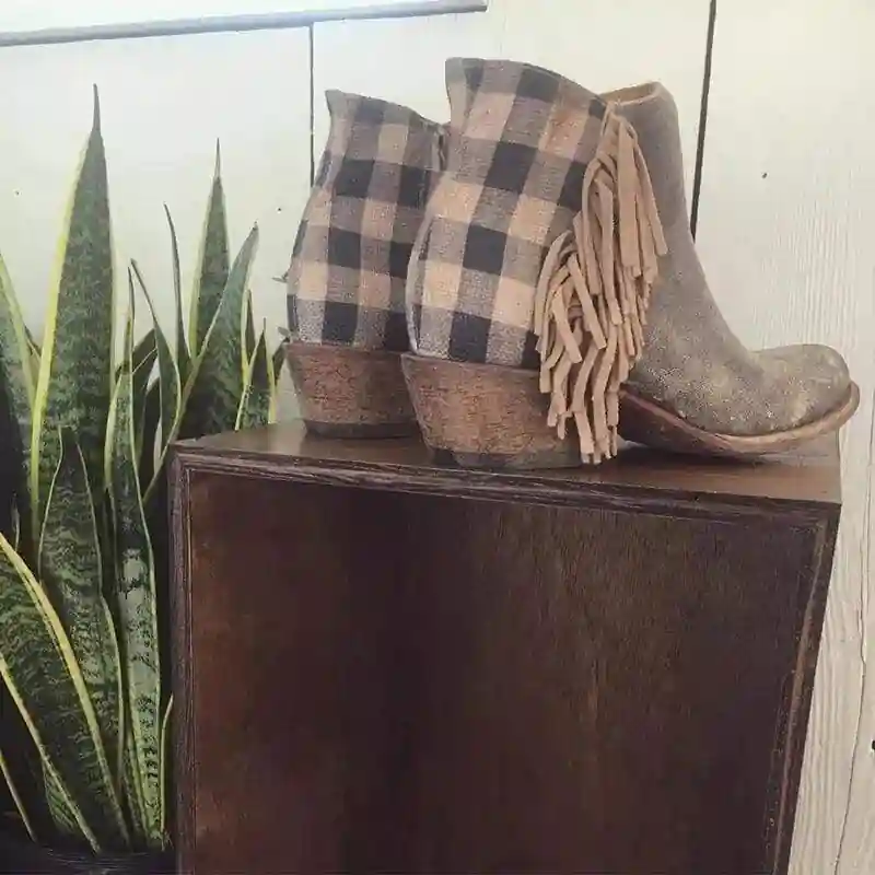 Boho Fringed Boots with Gingham Print - Image 4