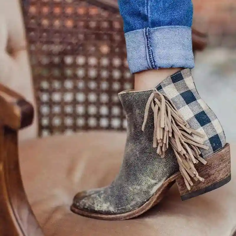 Boho Fringed Boots with Gingham Print - Image 5