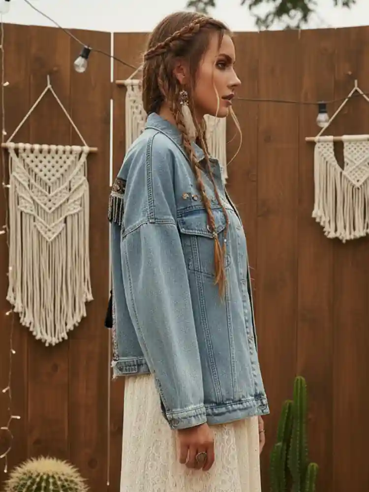Boho Hippie Light Wash Denim Jacket - Image 3