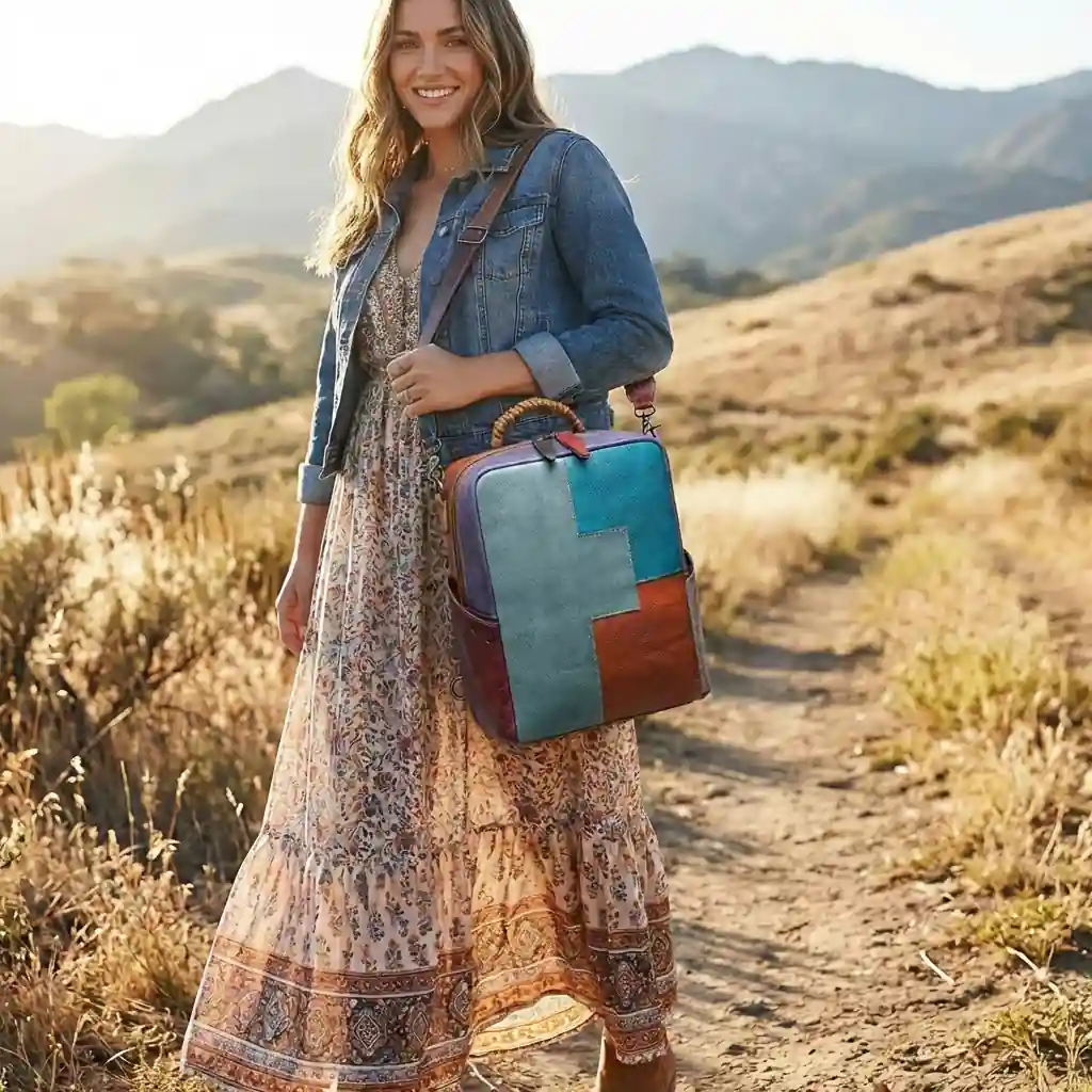 Boho Leather Patchwork Backpack 2-in-1 - Image 4