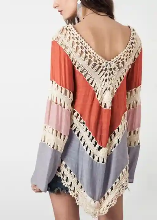 Boho long tunic patchwork asymmetric, flared sleeves - Image 3