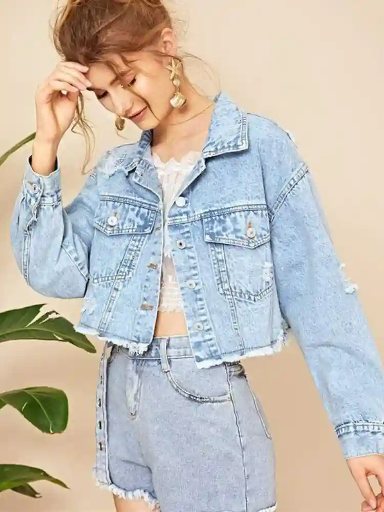Boho Short Light Wash Denim Jacket - Image 3
