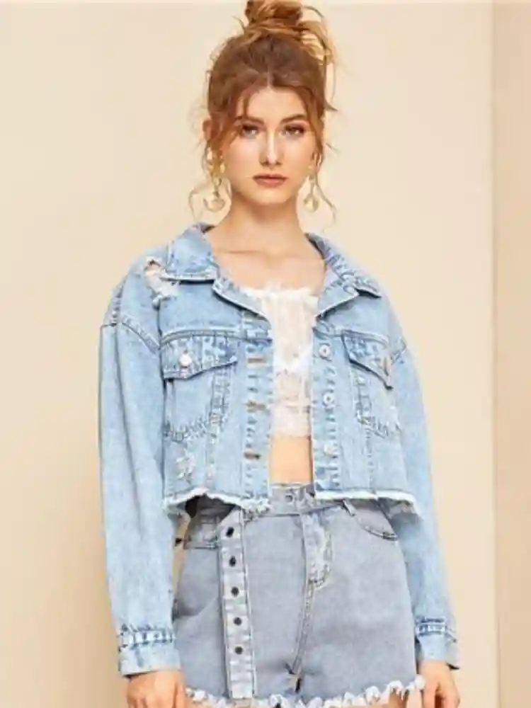Boho Short Light Wash Denim Jacket - Image 4