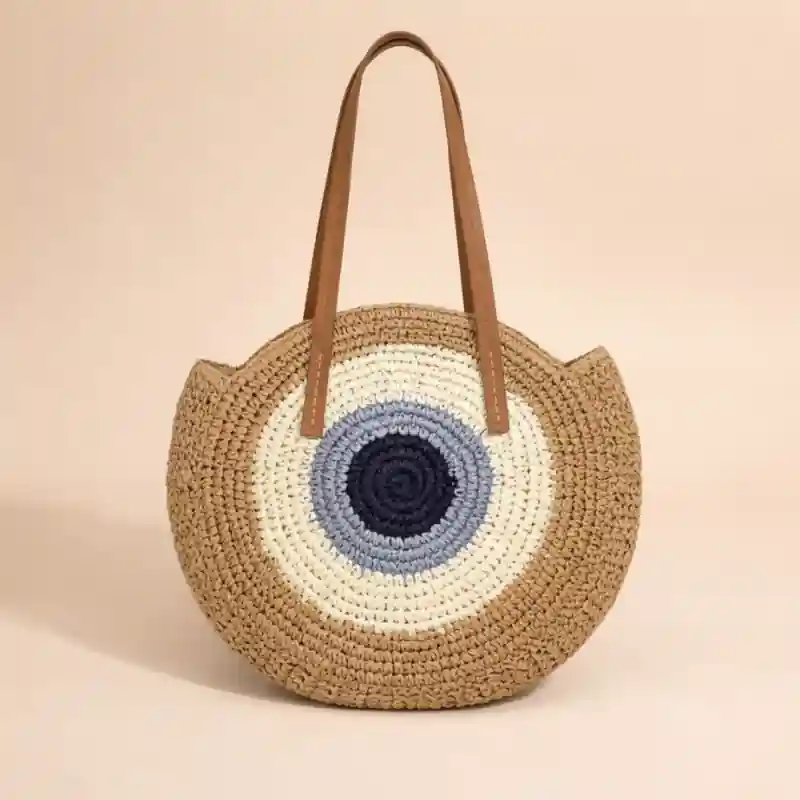 Boho Straw Round Beach Tote Bag - Image 3