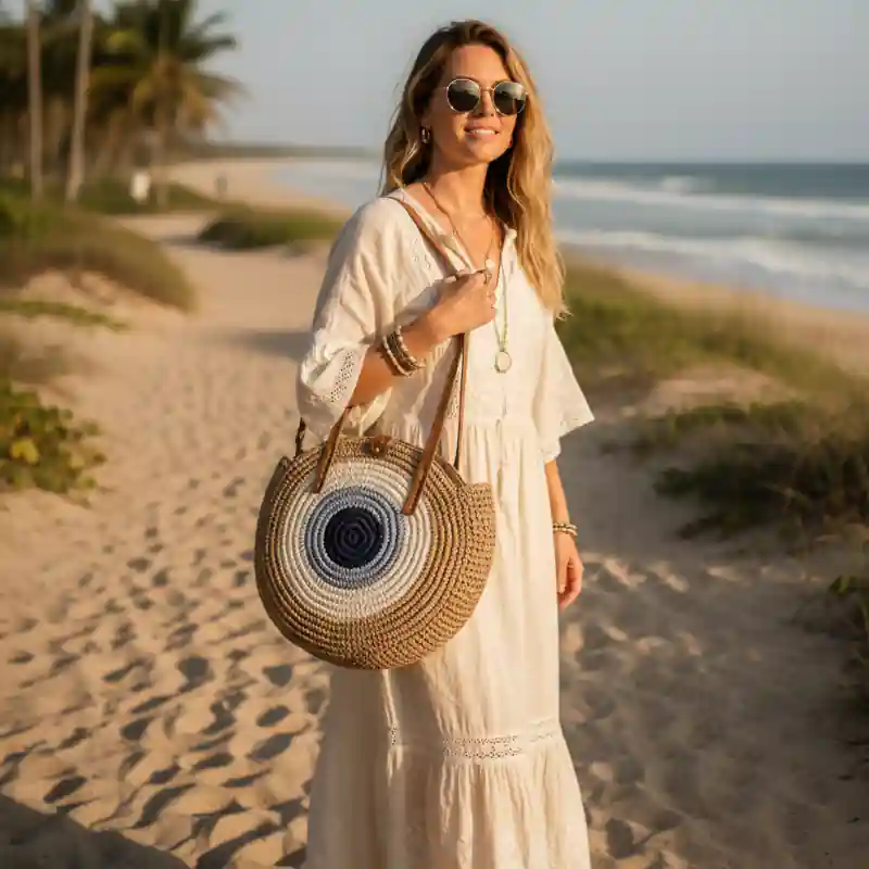 Boho Straw Round Beach Tote Bag - Image 4