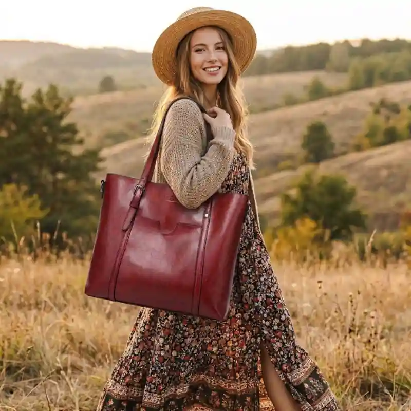 Boho Vintage Leather Tote Bag - Image 4