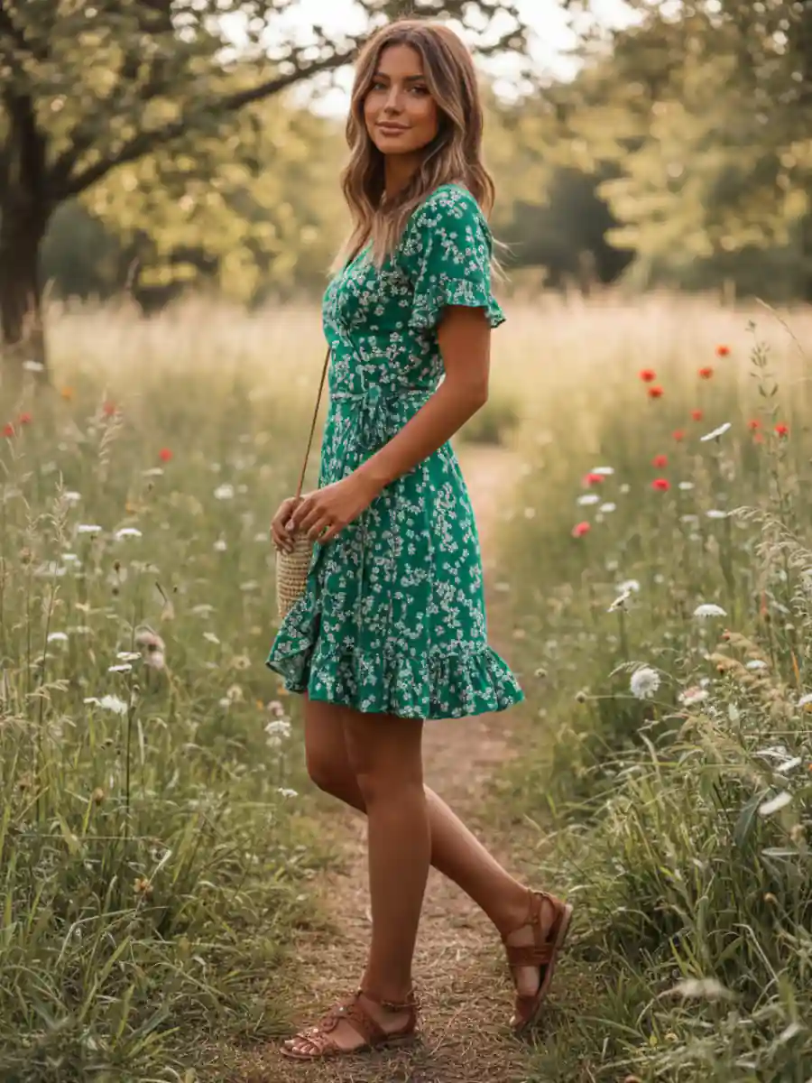 Green Boho Flower Print Mini Dress - Image 3