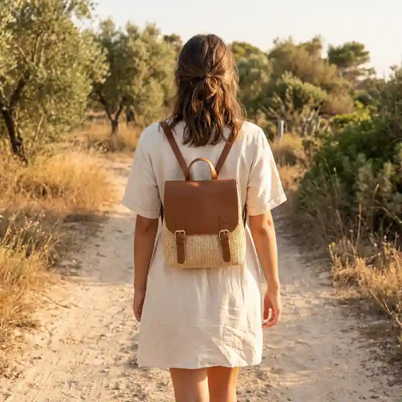 Leather and Straw Boho Backpack - Image 3