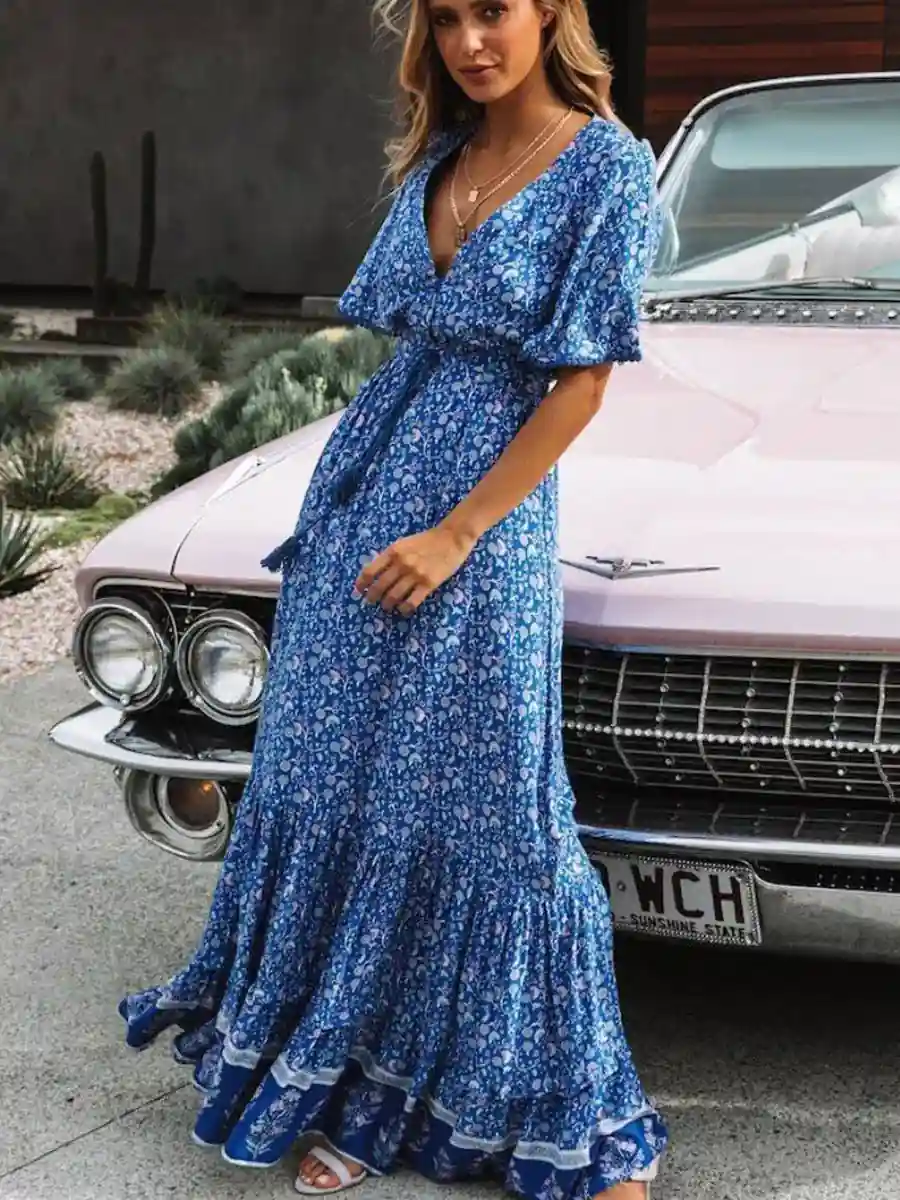 Long Hippie Chic Dress in Blue - Image 3