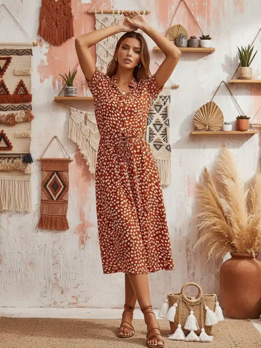 Orange Boho Midi Dress - Image 3