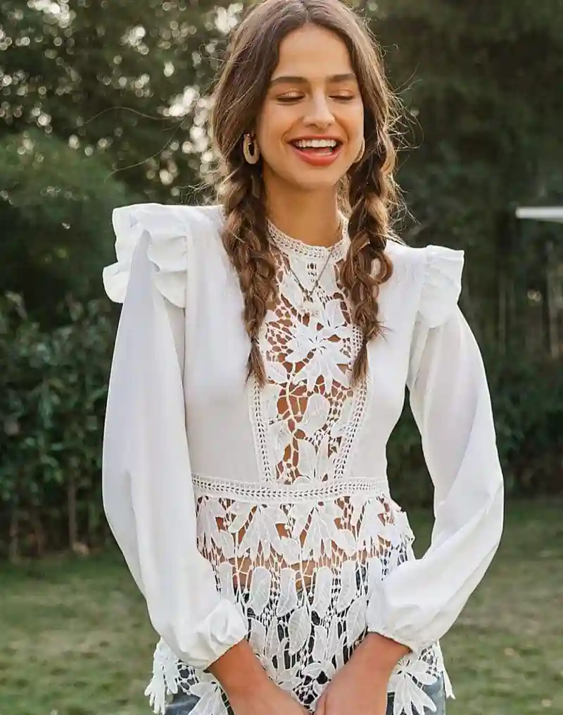 White Boho Blouse Long Sleeve - Image 3